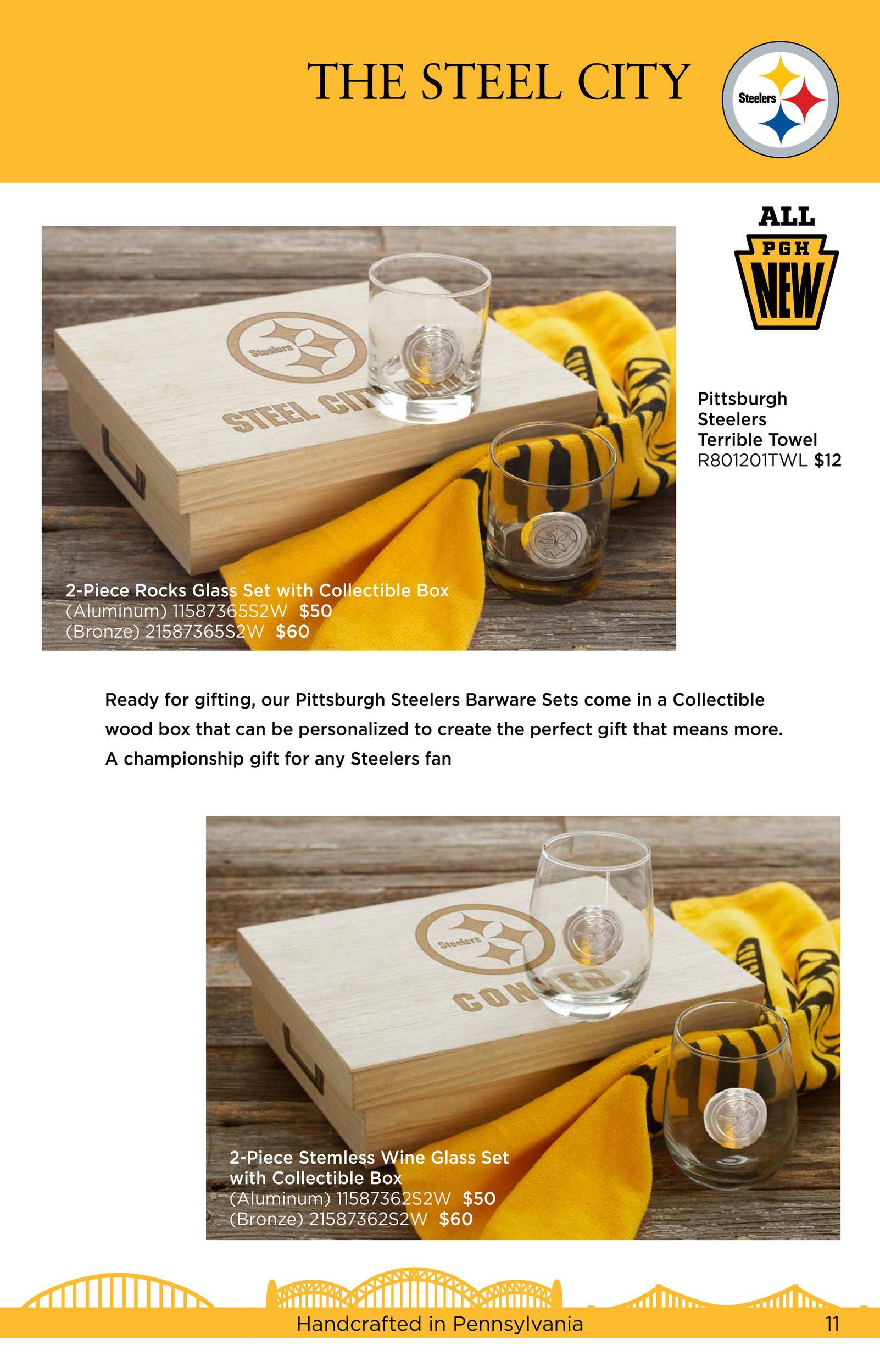 Pittsburgh Steelers 2-Piece Stemless Wine Glass Set with Collectible Box  (Bronze)